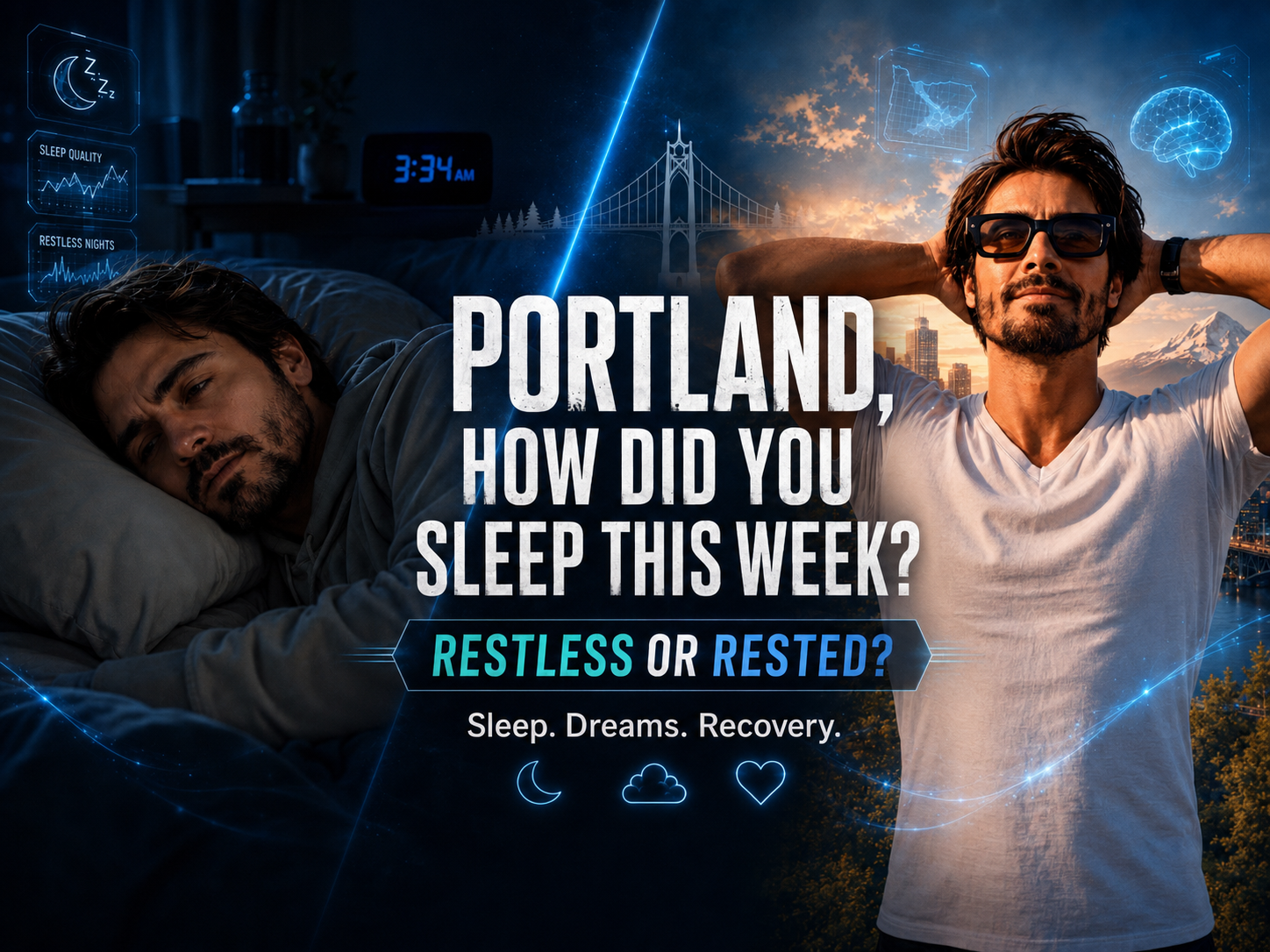 Portland Sleep Project — Restless or Rested. A cinematic skyline with two figures surrounded by holographic sleep data and EEG waves.